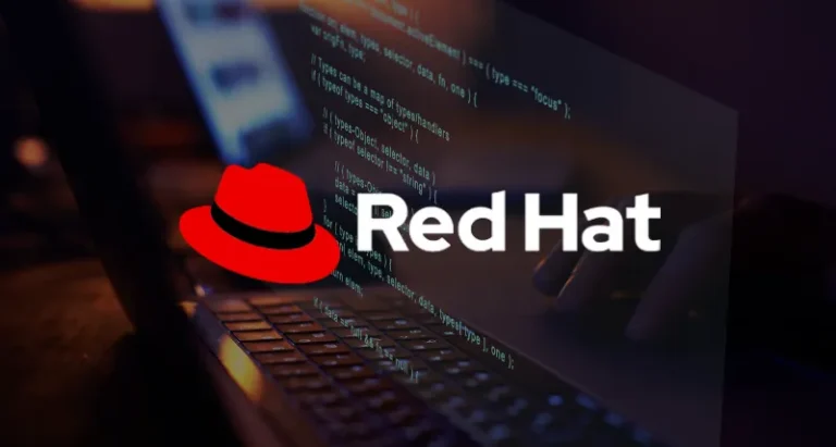 Red Hat logo with a background of a computer screen showing code.